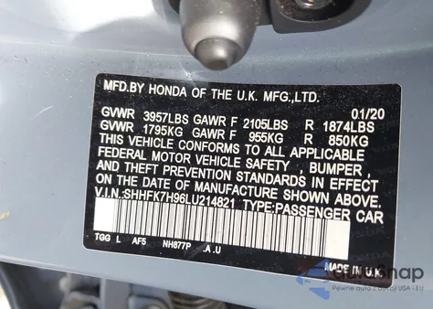 2020 Honda Civic Sport Touring z USA, uszkodzony, nr VIN SHHFK7H96LU214821